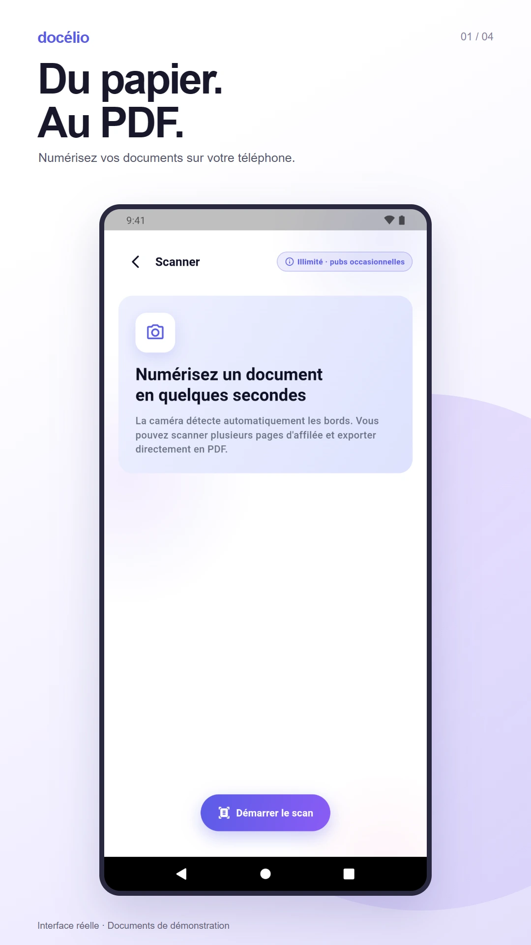 Capture Docélio : écran Scanner avec bouton Démarrer le scan