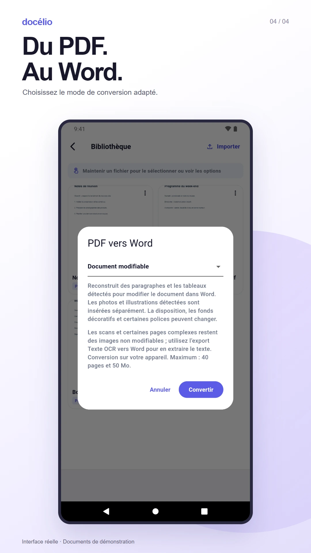 Dialogue Docélio de conversion PDF vers Word, avec les limites de conversion expliquées