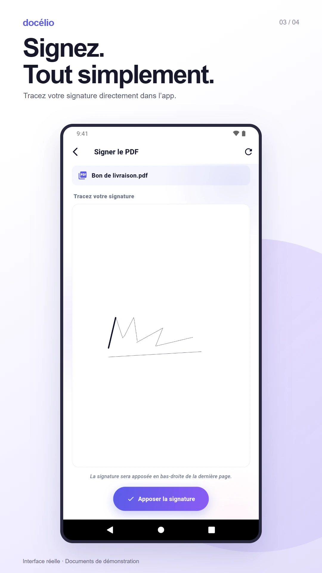 Écran Docélio pour tracer une signature manuscrite et l’apposer sur un PDF de démonstration