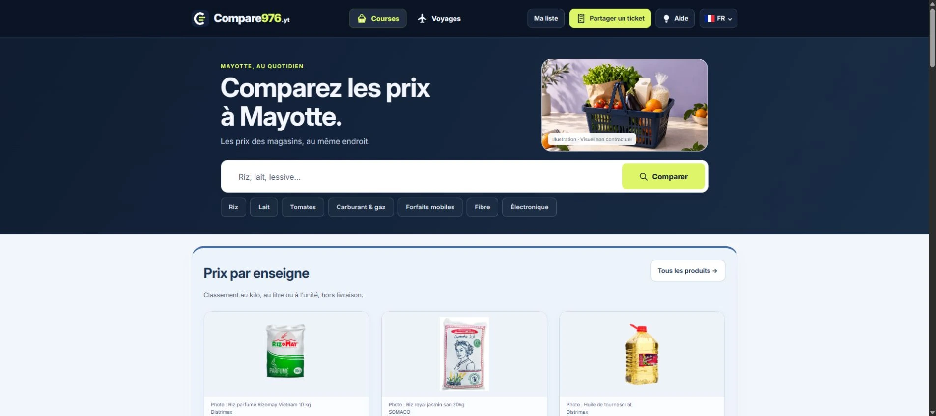 Page d’accueil de Compare976 : recherche de prix relevés à Mayotte