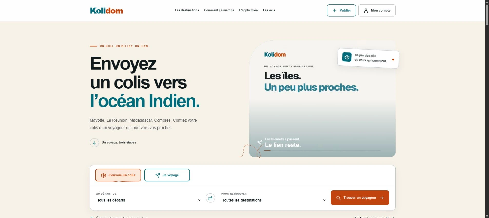 Page d’accueil de Kolidom : recherche d’un trajet pour envoyer un colis vers l’océan Indien