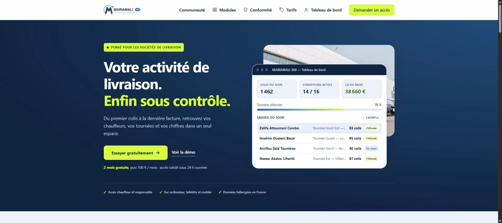 Page d’accueil de Mariamali 360 : logiciel de gestion pour sociétés de livraison