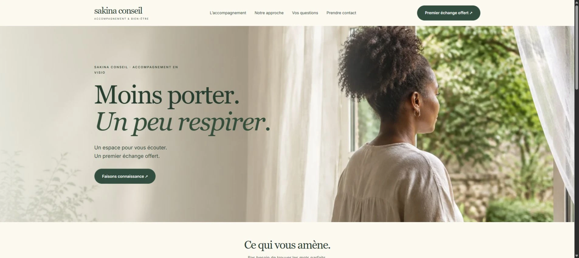 Page d’accueil de Sakina Conseil : écoute et accompagnement en visio